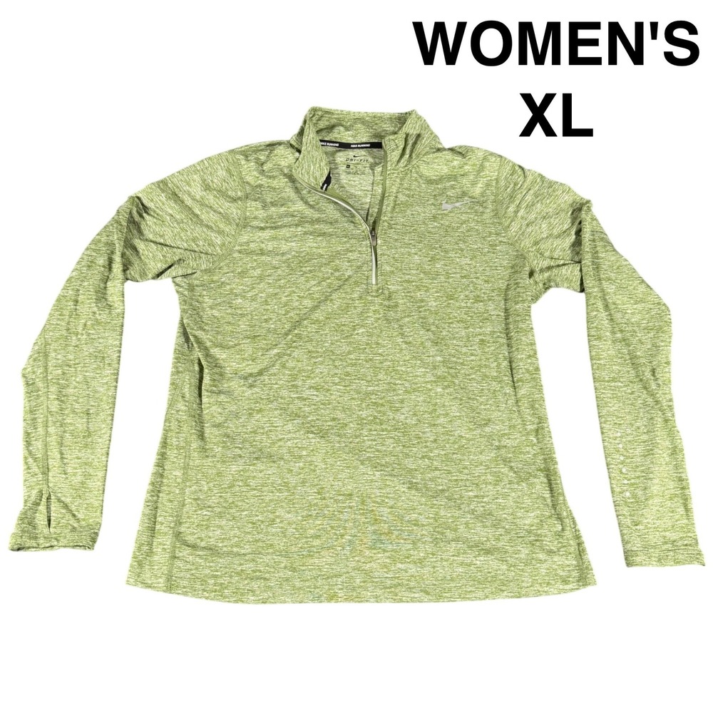 Nike Running Dri-FIT 1/4 Zip Pullover Womens XL Heather Green Thumbholes Yoga